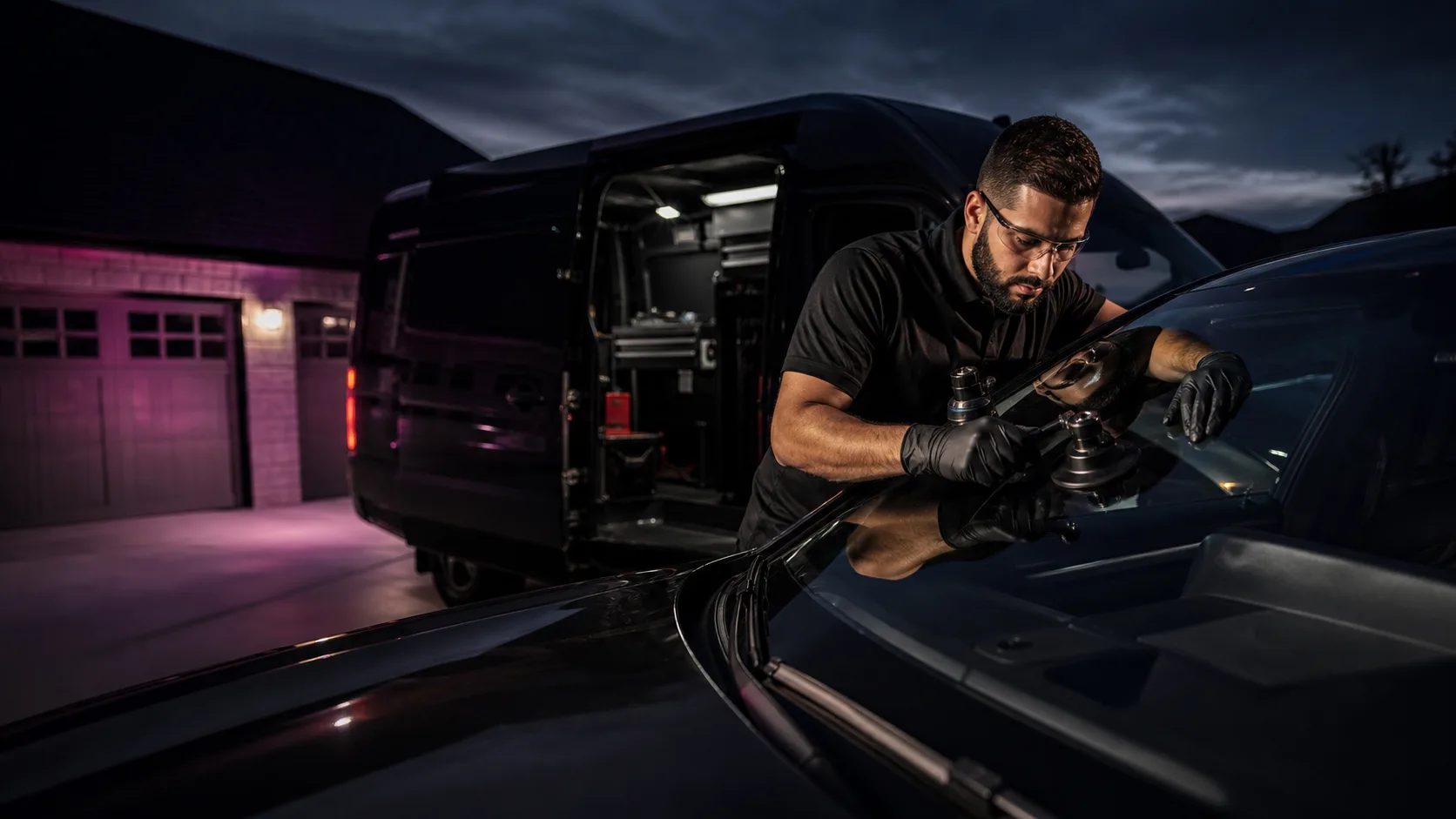 AutoGlass Rehab technician installing a windshield at a customer's home at dusk